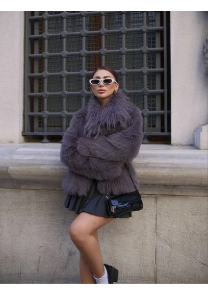 Salaş Sakallı Yumuşak Dokulu Yakalı Cepli Suni Kürk - Füme indirimleri