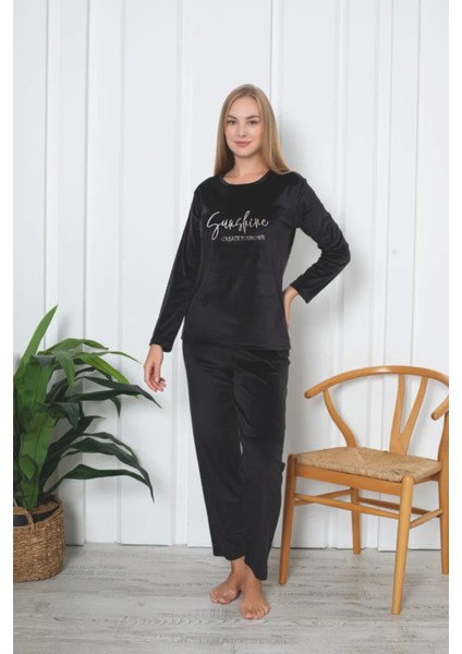 Elit Lüx Kadife Kadın Pijama Takım Siyah L