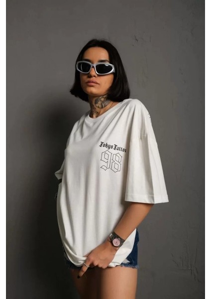 Unisex Bisiklet Yaka Baskılı Oversize T-Shirt - Beyaz fiyatları
