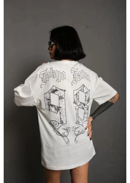 Unisex Bisiklet Yaka Baskılı Oversize T-Shirt - Beyaz modelleri