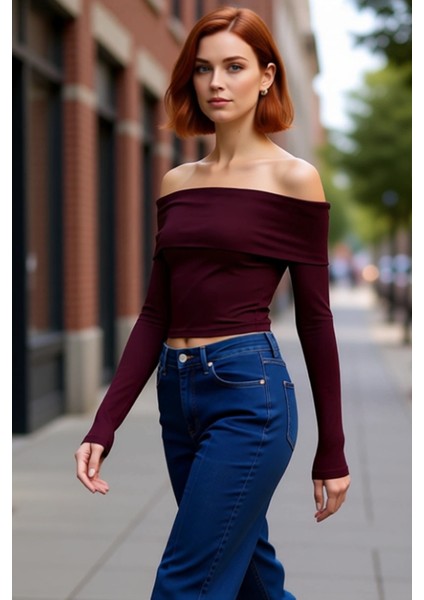 Kadın Carmen Yaka Fitted Viskon Ribana Bluz Düşük Kol Detaylı Casual Günlük Kullanım Için Gri Renk