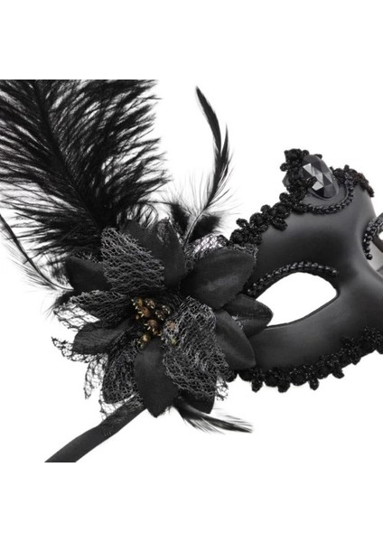 Siyah Mat Renk Yandan Tüylü Güllü Parti Balo Venedik Maskesi modelleri