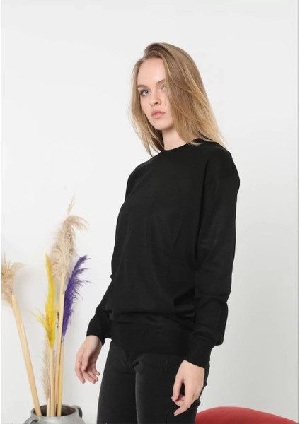 Unisex Uzun Kol Biskilet Yaka Dokuma Triko - Siyah fırsatları