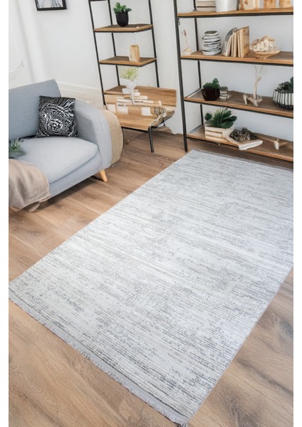 Gri Beyaz Polyester Halı Antibakteriyel Tozumaz Saçaklı Salon Oturma Çocuk Odası Yolluk Makine