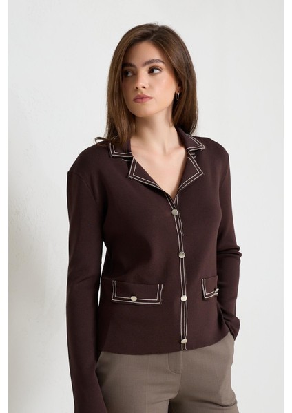 Acı-Kahve Ceket Yaka Cep ve Çizgi Detaylı Triko