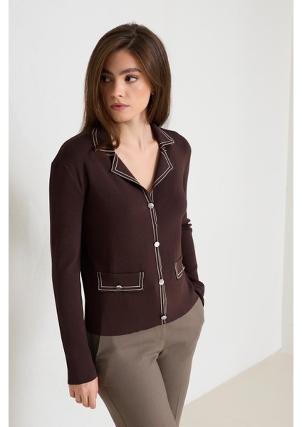 Acı-Kahve Ceket Yaka Cep ve Çizgi Detaylı Triko modelleri
