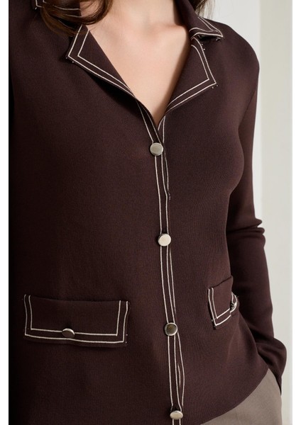 Acı-Kahve Ceket Yaka Cep ve Çizgi Detaylı Triko fırsatları