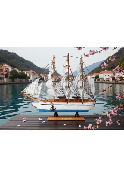 Dekoratif Ahşap El Yapımı Yelkenli Gemi Maketi Masaüstü Biblo Ev Ofis Hediyesi 40 Cm. Model F