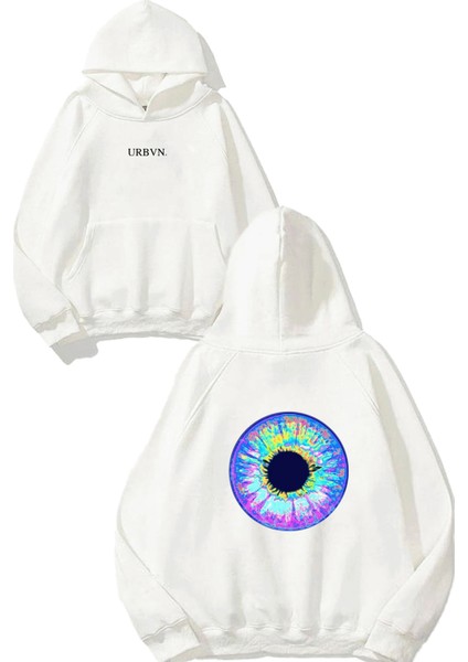 Eye 1 Tasarım Baskılı Oversize Beyaz Kapüşonlu Sweatshirt