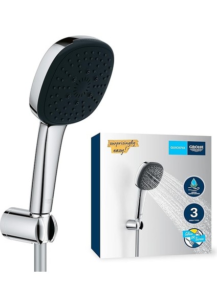 Vitalio Comfort 110 El Duşu Seti, 110MM Kare 3 Akışlı, Masaj, Yağmur ve Jet Duşu, Duş Başlığı Tutucu, 1750MM Duş Hortumu, Krom, 26176001