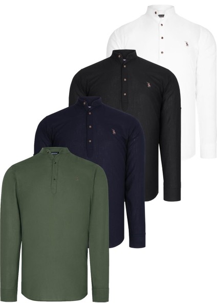 Dörtlü Set G783 Dewberry Hakim Yaka Gömlek-Siyah-Beyaz-Lacivert-Haki