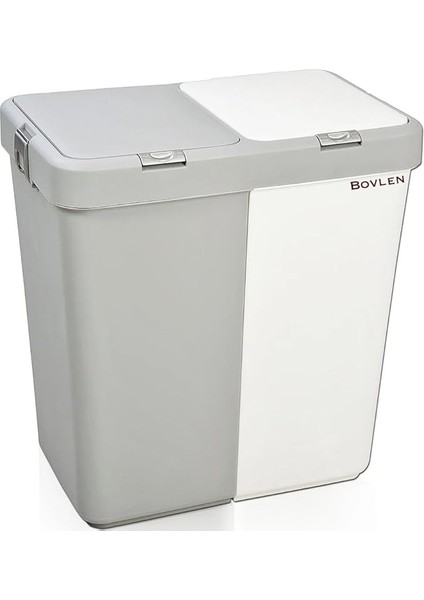 80 Litre Dokunmatik Çamaşır Sepeti - Iki Bölmeli Dekoratif Çamaşır Sepeti - Gri Beyaz - 55X35X58.5 cm