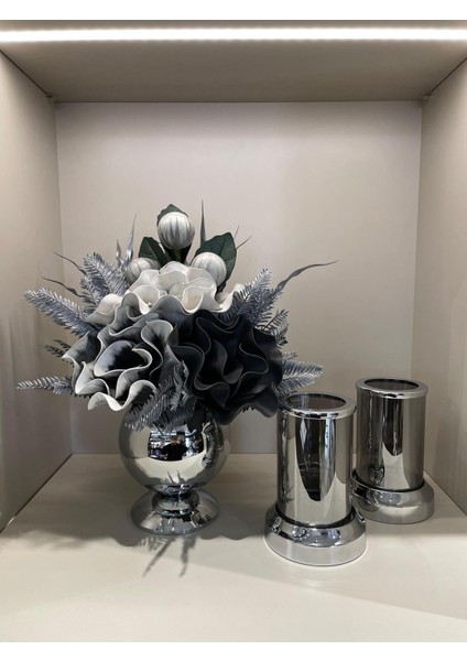Yapay Çiçekli 3 Parça Set Gümüş No:4