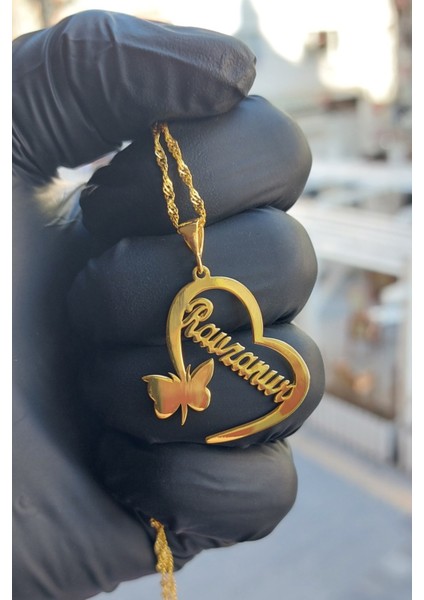 925 Ayar Gümüş 24 Ayar Altın Kaplama Isimli Kelebekli Kalp Kolye