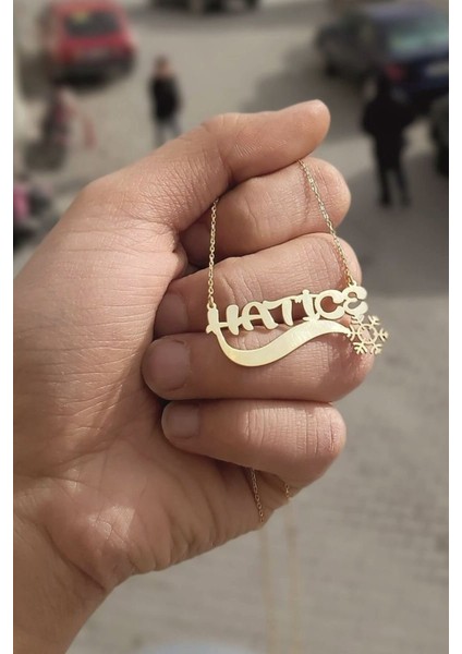 925 Ayar Gümüş 24 Ayar Altın Kaplama Isimli Kar Tanesi Figürlü Kolye