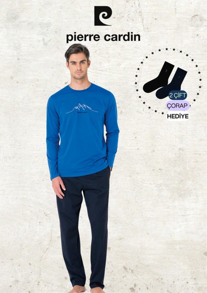 Erkek Giyim %100 Pamuk Uzun Kollu Saks Mavi Pijama Takımı (2 Adet Hediye Çorap) L1.PC.6101.001