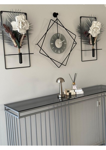 5'li Elegante Set - Ferrero Füme Tamper Camlı Siyah Metal Kırılmaz Camlı Metal (Mobilya) Duvar Saati