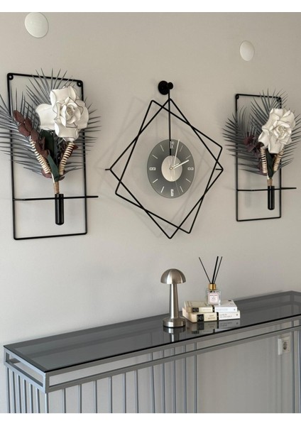 5'li Elegante Set - Ferrero Füme Tamper Camlı Siyah Metal Kırılmaz Camlı Metal (Mobilya) Duvar Saati