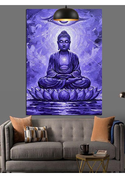 Mor Işıklar Altında Oturan Meditasyon Budası Dekoratif Kanvas - Mdf Ahşap Tablo