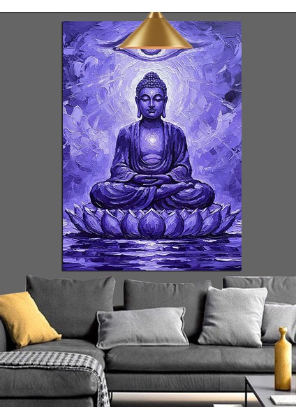 Mor Işıklar Altında Oturan Meditasyon Budası Dekoratif Kanvas - Mdf Ahşap Tablo fırsatları