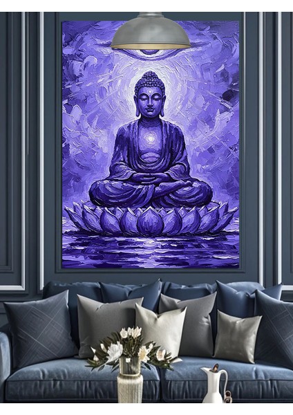 Mor Işıklar Altında Oturan Meditasyon Budası Dekoratif Kanvas - Mdf Ahşap Tablo indirimleri