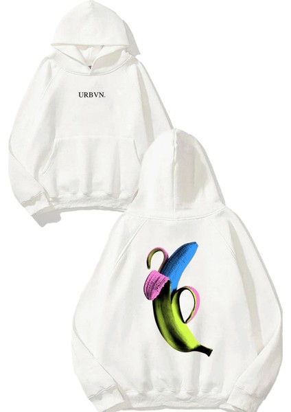 Muz Tasarım Baskılı Oversize Beyaz Kapüşonlu Sweatshirt