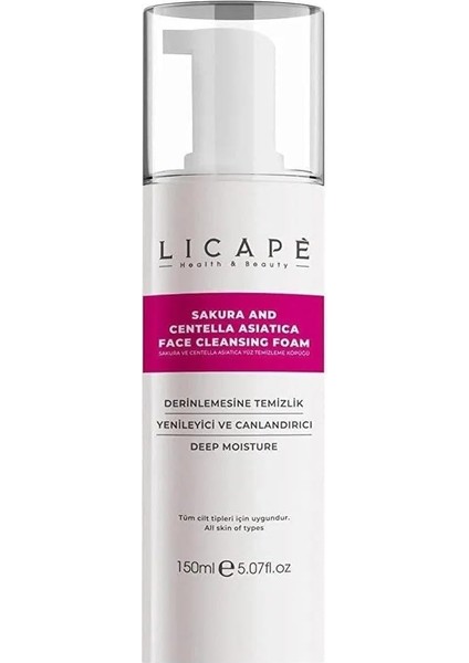 Licape Sakura ve Centella Asiatica Yüz Temizleme Köpüğü – Arındırıcı, Nemlendirici ve Cilt Bariyeri Güçlendirici Yüz Yıkama Köpüğü – Hassas Ciltlere Uygun – 150 ml