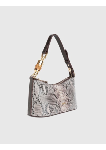 Roomy Hakiki Yılan Baskılı Deri Bej Kadın Omuz Çantası