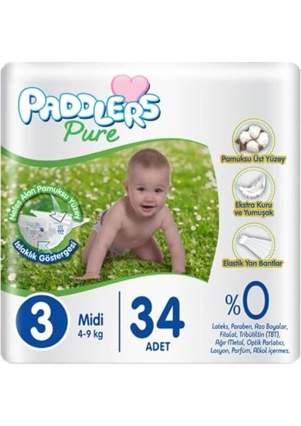 Paddlers Pure Bebek Bezi 3 Numara Midi 34 Adet (4-9 Kg) Eko Paket