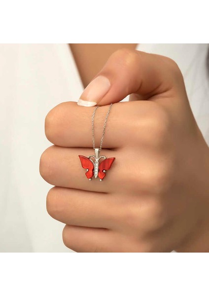 Gümüş Kırmızı Kaplangözü Taşlı Kelebek Kolye indirimleri