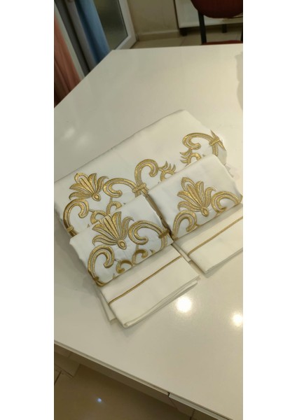 %100 Pamuk Saten Gold Işlemeli Nevresim Takımı - Çift Kişilik / 6 Parça Zarif Çeyiz Takımı/ Lüks