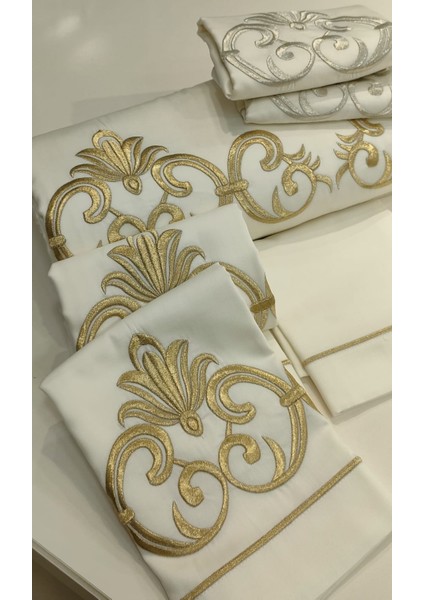 %100 Pamuk Saten Gold Işlemeli Nevresim Takımı - Çift Kişilik / 6 Parça Zarif Çeyiz Takımı/ Lüks fiyatları