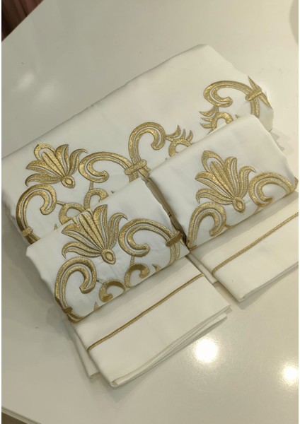 %100 Pamuk Saten Gold Işlemeli Nevresim Takımı - Çift Kişilik / 6 Parça Zarif Çeyiz Takımı/ Lüks modelleri