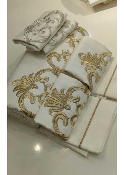 %100 Pamuk Saten Gold Işlemeli Nevresim Takımı - Çift Kişilik / 6 Parça Zarif Çeyiz Takımı/ Lüks fırsatları