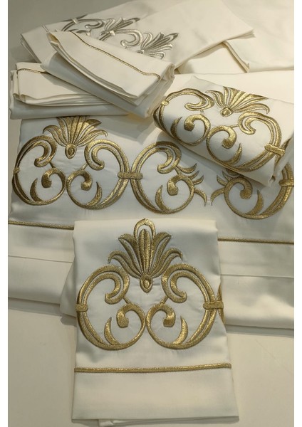 %100 Pamuk Saten Gold Işlemeli Nevresim Takımı - Çift Kişilik / 6 Parça Zarif Çeyiz Takımı/ Lüks indirimleri