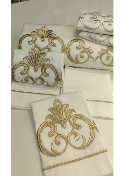 %100 Pamuk Saten Gold Işlemeli Nevresim Takımı - Çift Kişilik / 6 Parça Zarif Çeyiz Takımı/ Lüks