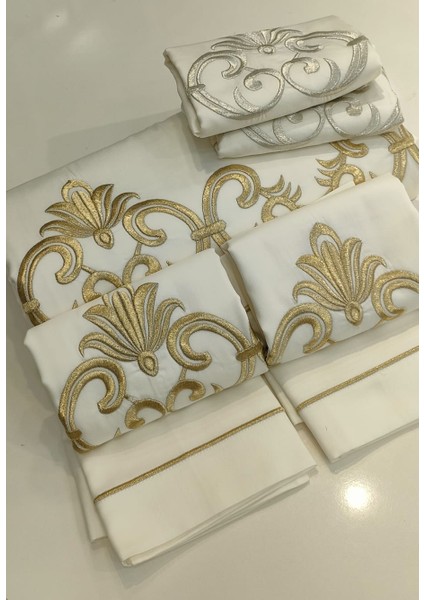 %100 Pamuk Saten Gold Işlemeli Nevresim Takımı - Çift Kişilik / 6 Parça Zarif Çeyiz Takımı/ Lüks