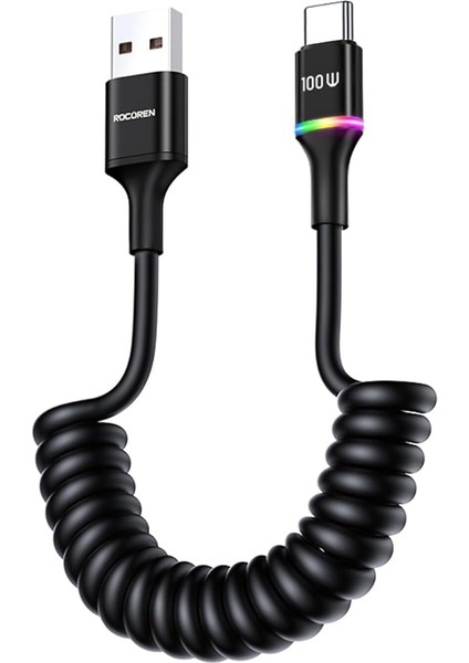 100W 7A Spiral Rgb LED Işıklı Spiral Type-C Hızlı Şarj ve Data Kablosu 1.6 Metre