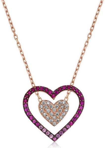 Gümüş Rose İki Kalp Bayan Kolye