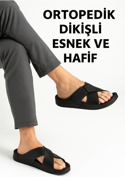 Erkek Ortopedik Taban Ayarlanabilen Cırtlı Dikişli Şık Içeri Dışarı Deri(Suni) Terliği
