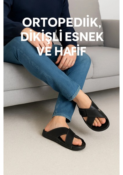 Erkek Ortopedik Taban Ayarlanabilen Cırtlı Dikişli Şık Içeri Dışarı Deri(Suni) Terliği