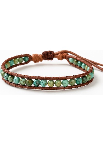 Bohem Tarz Doğal Taşlı El Yapımı Deri Bileklik Yeşil Jasper Boncuk Ayarlanabilir Unisex