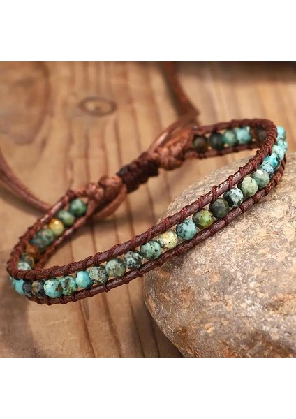 Bohem Tarz Doğal Taşlı El Yapımı Deri Bileklik Yeşil Jasper Boncuk Ayarlanabilir Unisex fiyatları