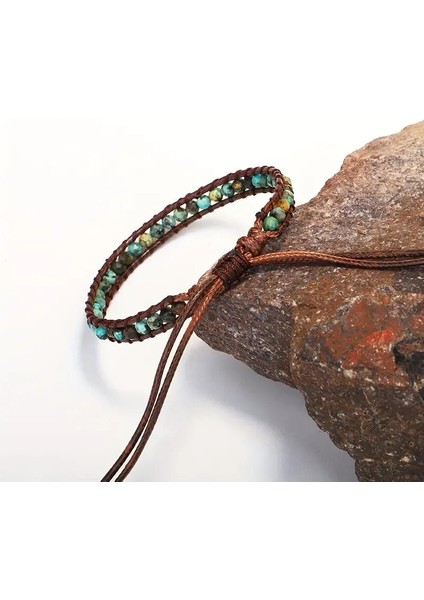 Bohem Tarz Doğal Taşlı El Yapımı Deri Bileklik Yeşil Jasper Boncuk Ayarlanabilir Unisex modelleri