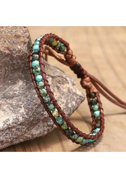Bohem Tarz Doğal Taşlı El Yapımı Deri Bileklik Yeşil Jasper Boncuk Ayarlanabilir Unisex fırsatları
