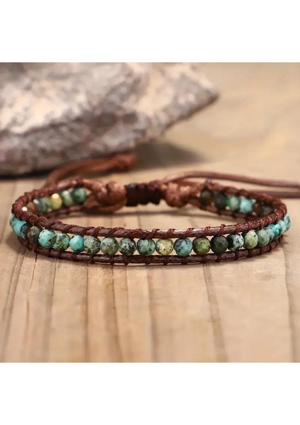 Bohem Tarz Doğal Taşlı El Yapımı Deri Bileklik Yeşil Jasper Boncuk Ayarlanabilir Unisex indirimleri