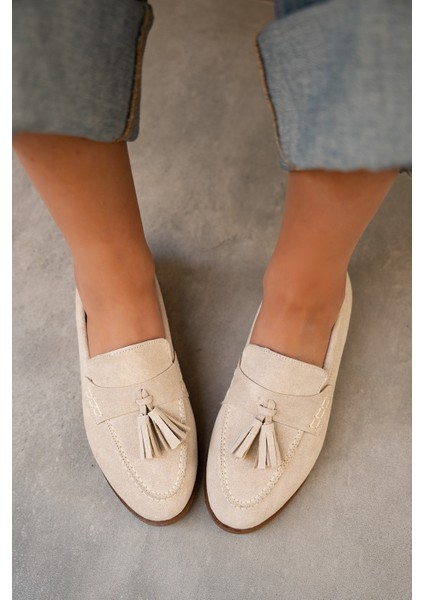 Leather Bej Süet Püskül Detaylı Düz Taban Ayakkabı modelleri