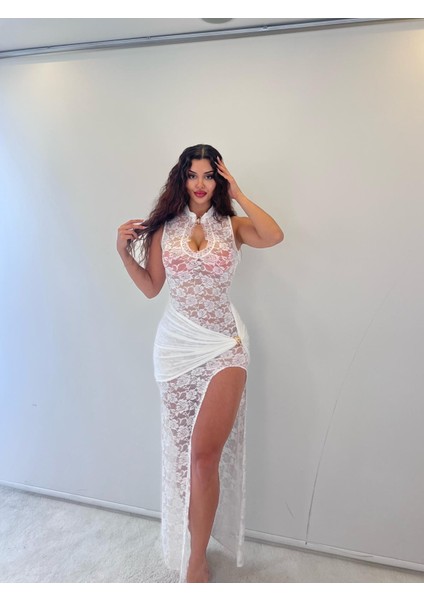 Beyaz Dantel Toka Detaylı Maksi Elbise modelleri