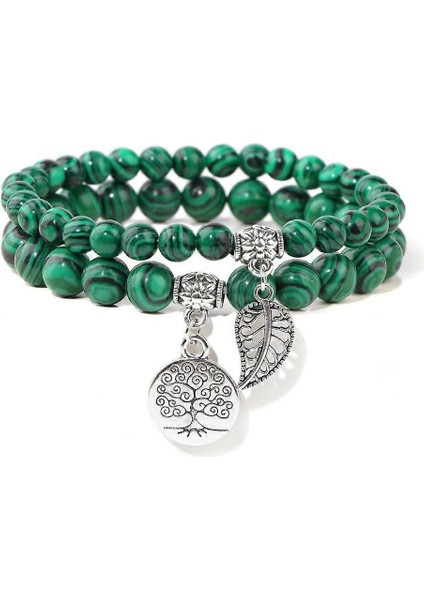 Doğal Malakit Taşı Bileklik Seti – Hayat Ağacı & Yaprak Charm | Enerji Dengeleyici, El Yapımı