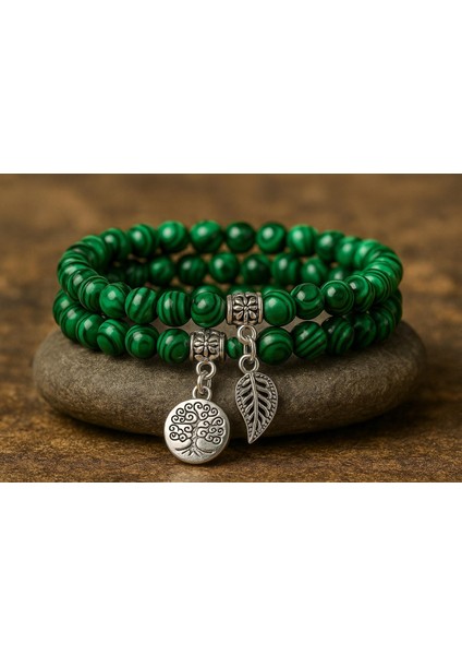 Doğal Malakit Taşı Bileklik Seti – Hayat Ağacı & Yaprak Charm | Enerji Dengeleyici, El Yapımı fiyatları